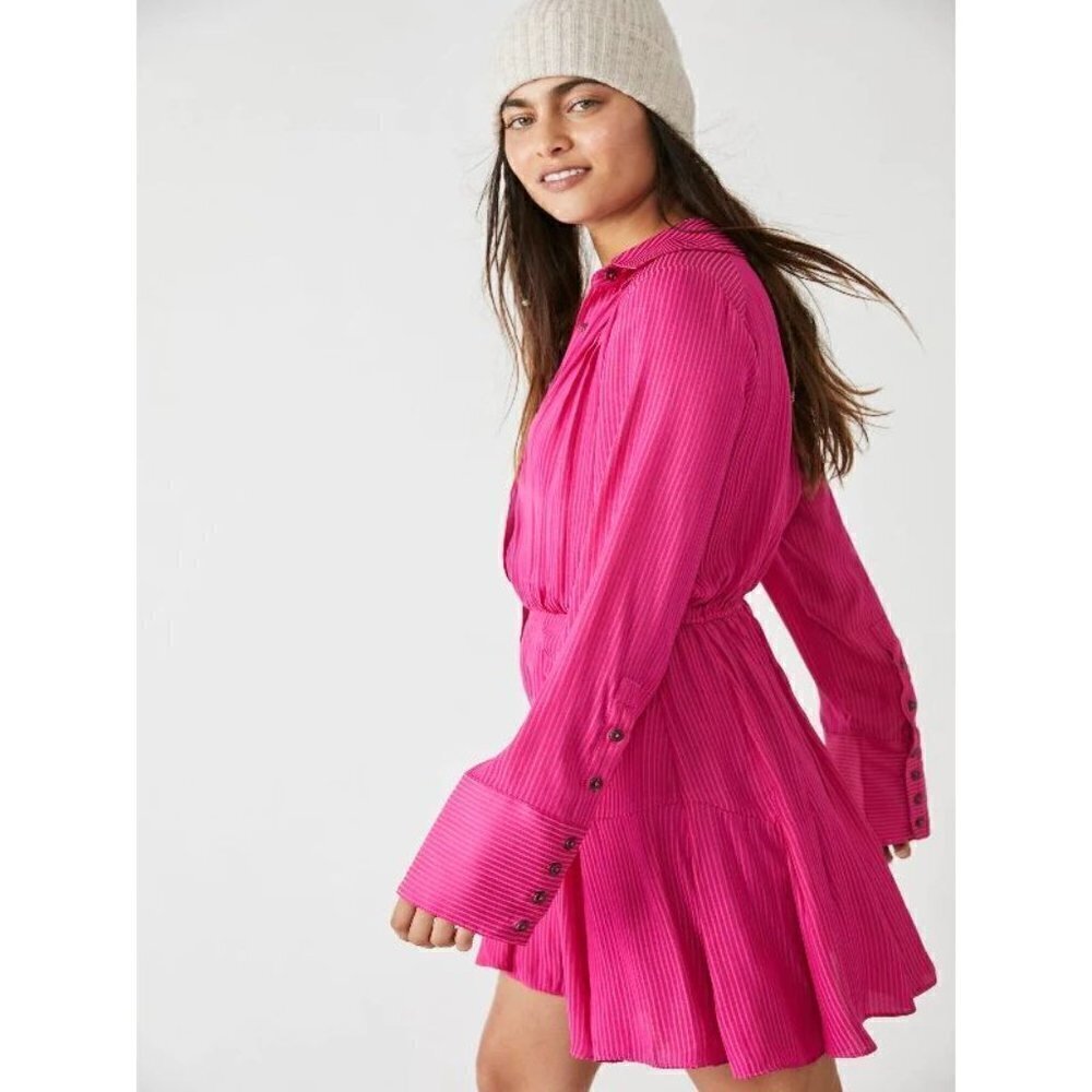 FREE PEOPLE Everly Pinstripe Long Sleeve Shirtdress in Pink Phenom Size X-Small - Picture 10 of 11